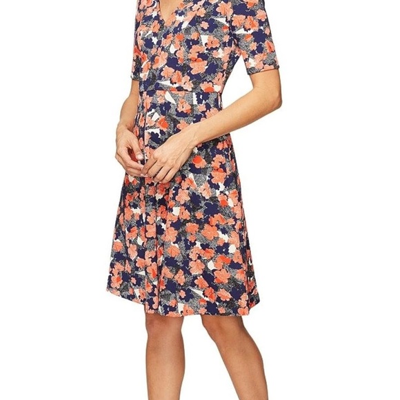 Donna Morgan Piqué Floral Fit & Flare Dress Navy Coral Size 14 Cocktail Wedding - Picture 5 of 13